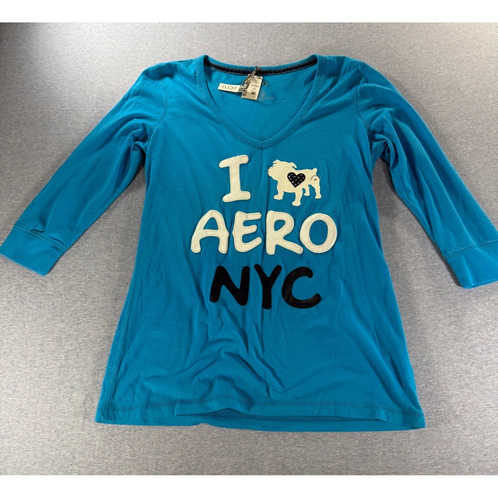 Aeropostale Womens XL Teal Blue Aero NYC Bulldog Graphic V-Neck Long Sleeve Tee